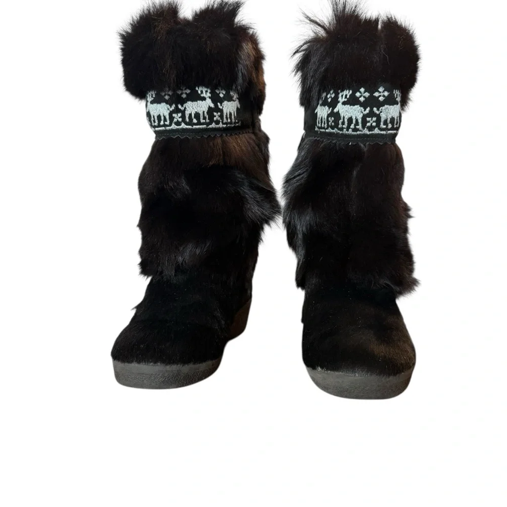 AUTHENTIC TECNICA BLACK FUR BOOTS WITH EMBROIDERED REINDEER 41 Italian/ US 9.5